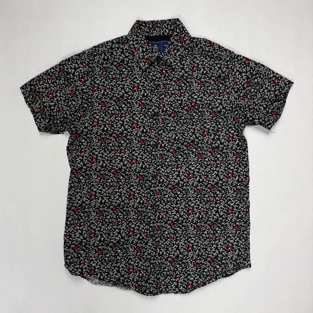Rugby University Mens S Black Red Floral Leaf Print Cotton Short Sleeve Shirt